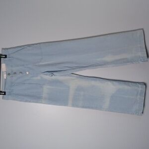 "Super High Rise Wide Leg Trouser" Faded Light Blue Striped Button-Fly Pants.